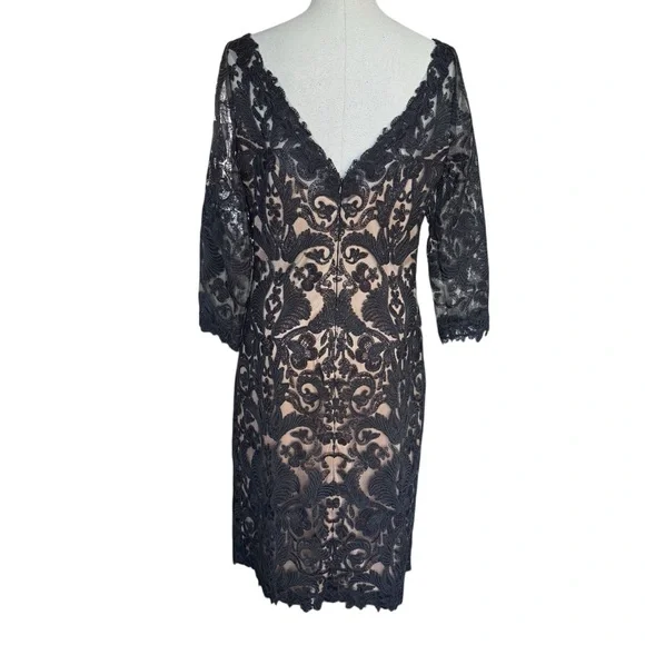 Tadashi Shoji Black Corded Embroidery Tulle 3/4 Sleeve Lace Dress Evening 12 - Picture 4 of 16